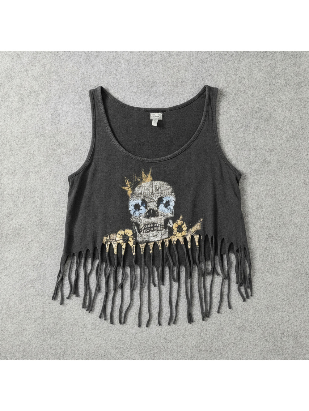 Kirra Medium Black Fringe Crop Tank with Skull Design, Distressed Goth Grunge